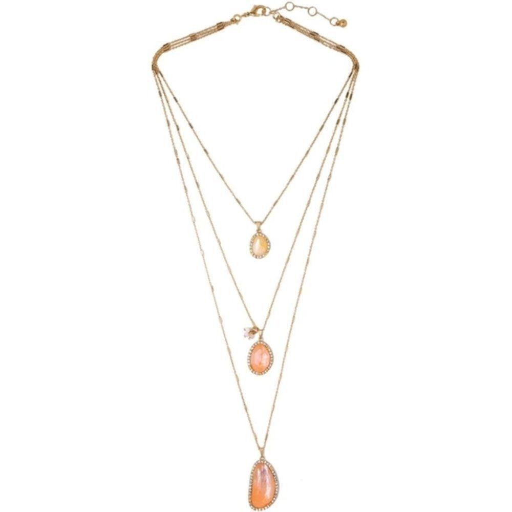 Rosy Coral Resin Rhinestone Crystal Versatile Layered Gold Pendant Necklace